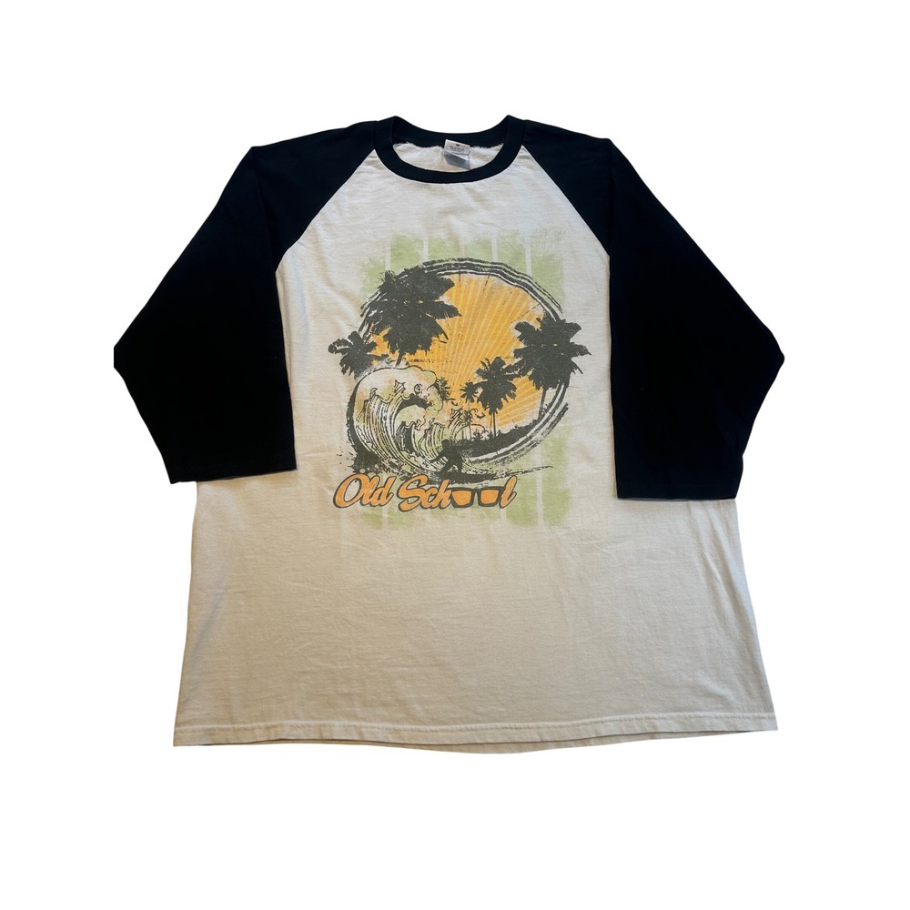 Anvil Mens XL Raglan Baseball Tee Old School Surf Graphic Wicks 10 Black White